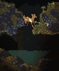 a deer holding itself over a hole in the ground, a small pool of water lies below it